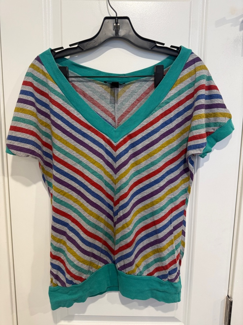 MNG Teal Trim Multicolor Striped V-Neck Top Size M